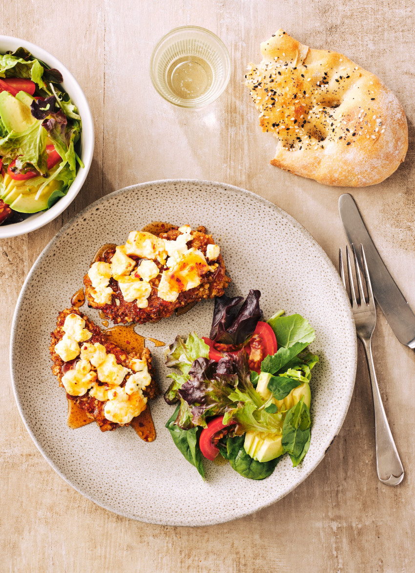 Crispy Chicken Schnitzel with Feta and Hot Honey
