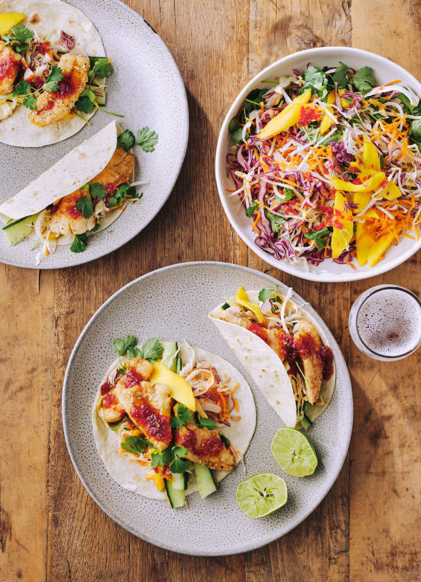 Sesame Fish and Mango Slaw Tacos
