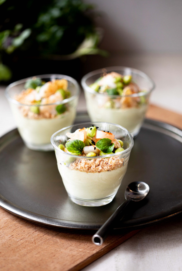 Prawn Cocktail with Edamame and Shallot Crumble