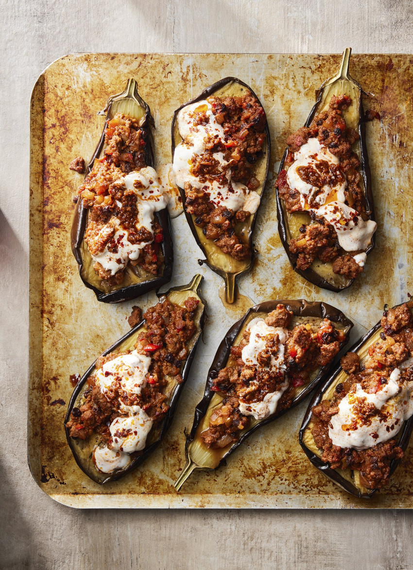 Roasted Eggplant with Spiced Lamb and Harissa