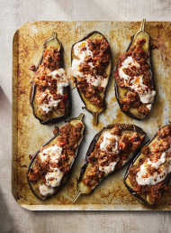 Roasted Eggplant with Spiced Lamb and Harissa