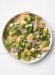 Two Bean and Crisp Flatbread Salad with Soft Eggs