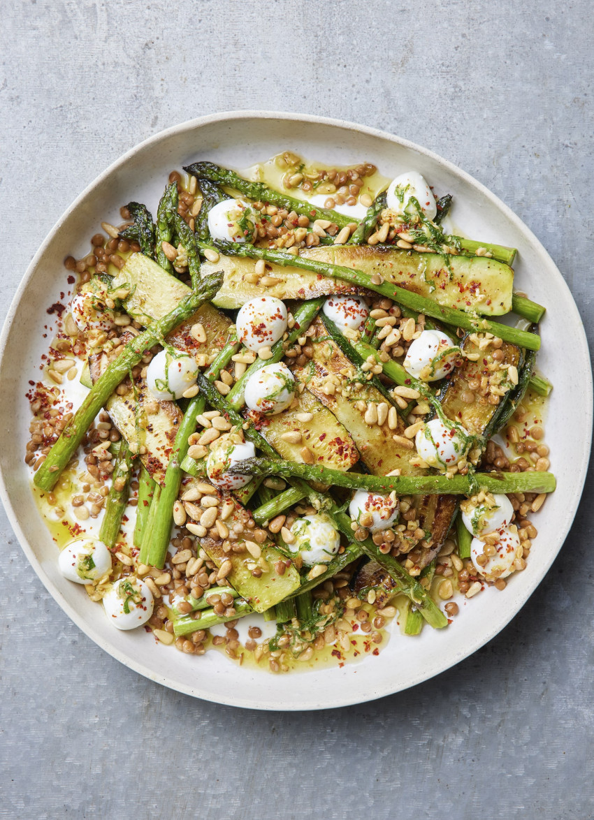 Grilled Zucchini, Asparagus and Baby Mozzarella with Mint and Pine Nut Dressing