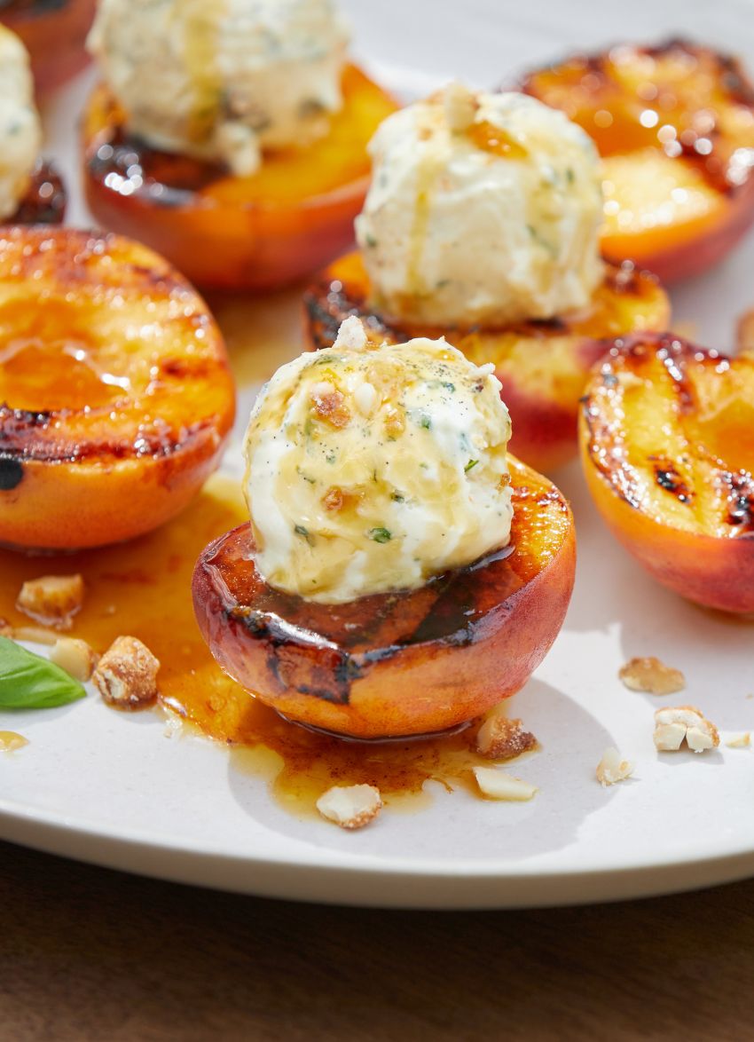 Grilled Peaches with White Chocolate & Basil Ice Cream