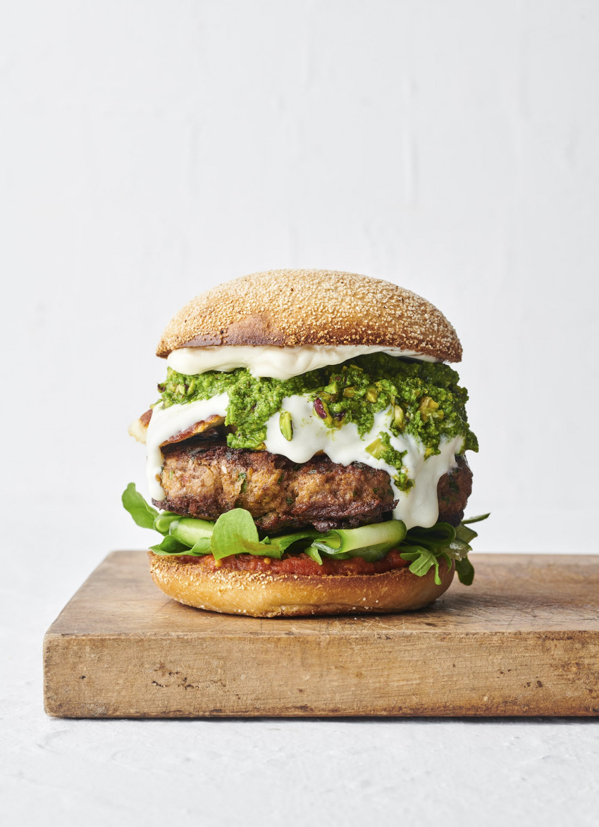 Moroccan Lamb Burgers, Grilled Haloumi and Pistachio Salsa