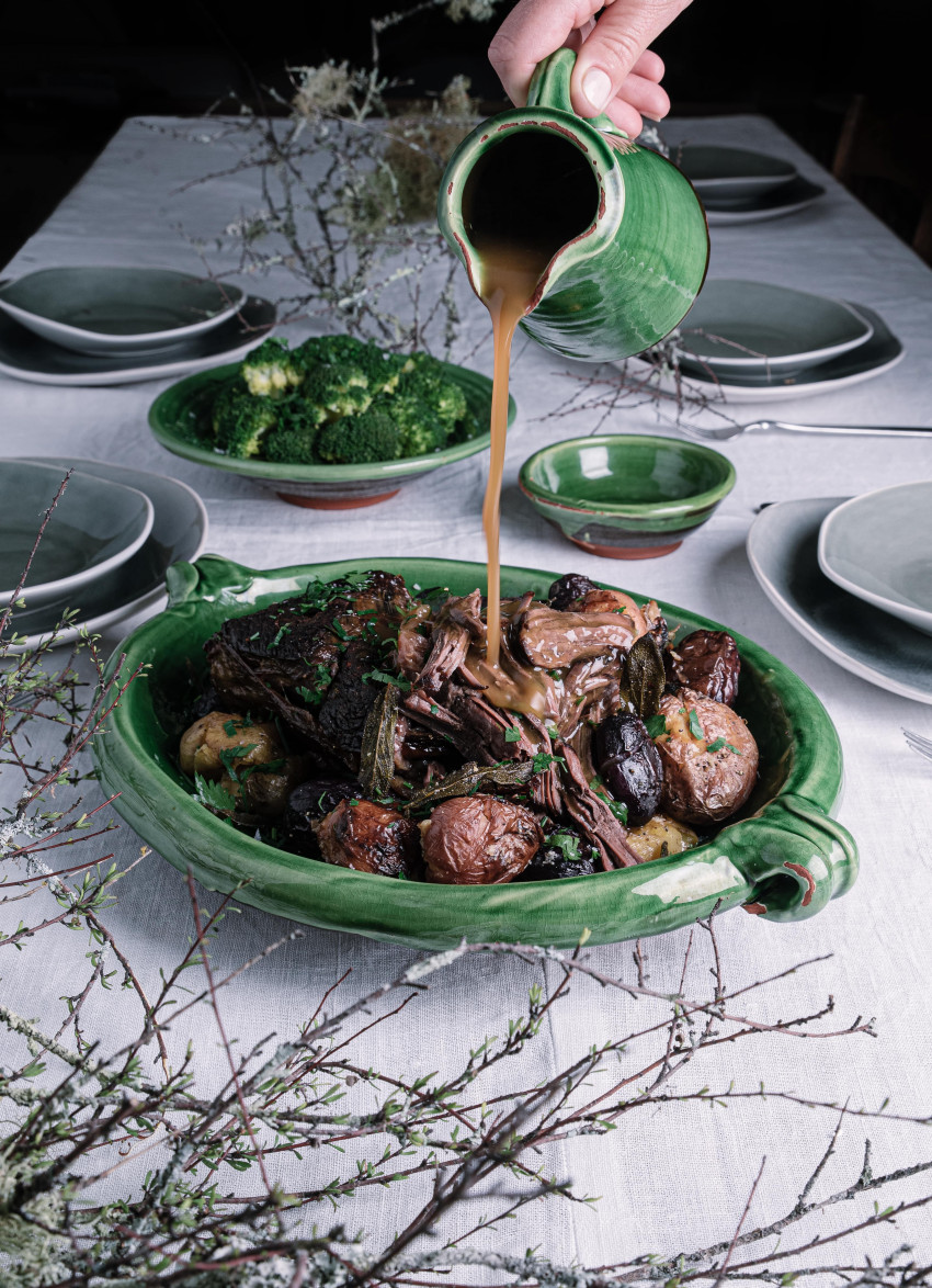 SLOW COOKED BEEF BOLAR ROAST WITH SMASHED, GARLIC AND SAGE POTATOES AND GRAVY