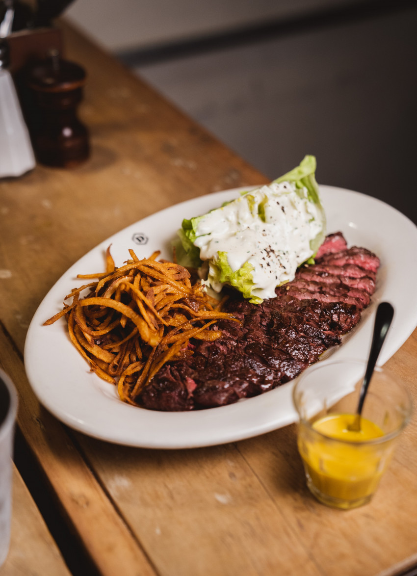 SKIRT STEAK WITH HABANERO MUSTARD, TOBACCO ONIONS & ICEBERG WEDGE