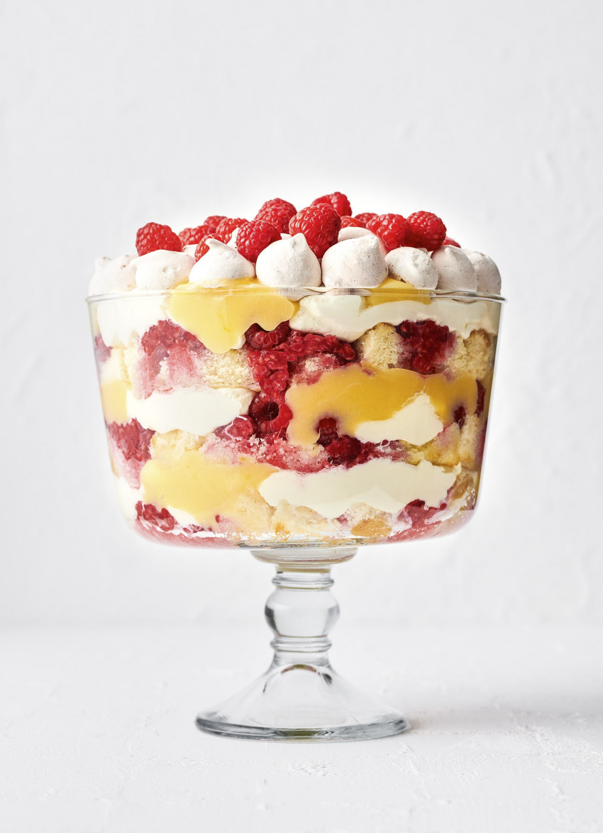 Trifle with Lemon Cream, Raspberries and Meringues