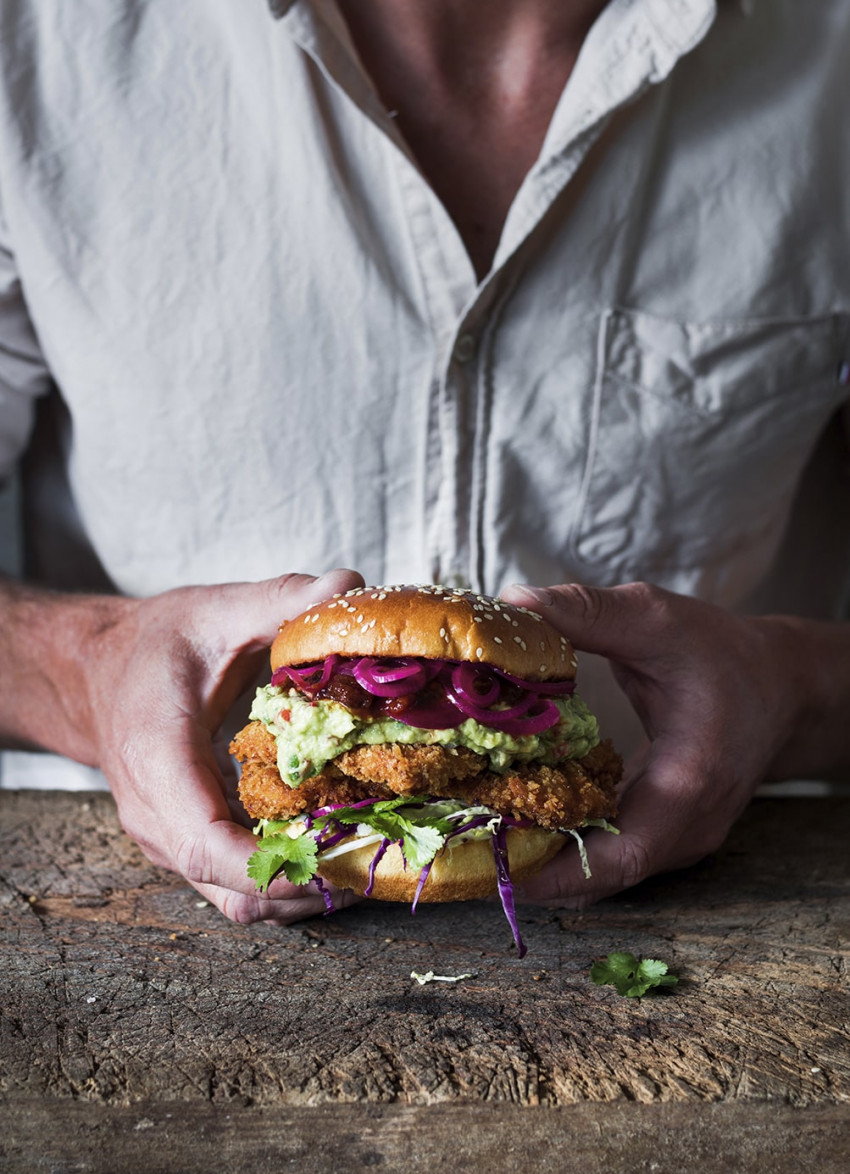 Crispy Pork Burgers with Guacamole and Pickled Red Onions