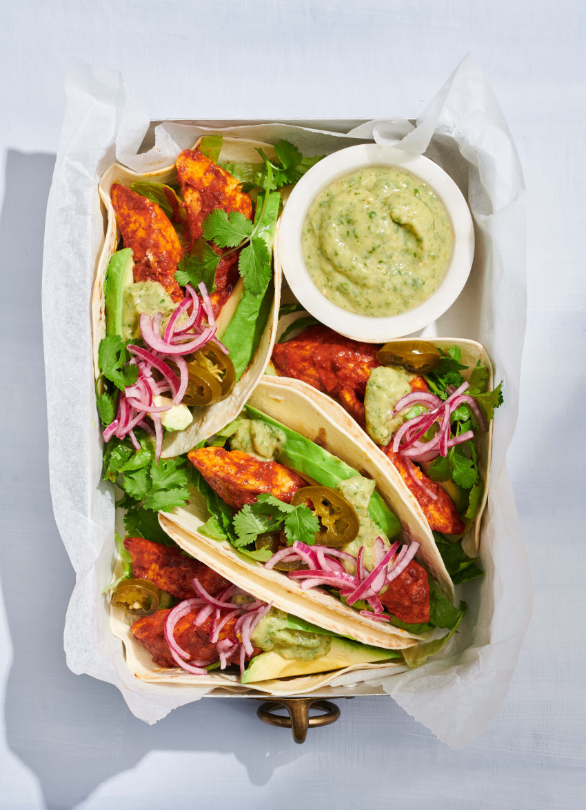 Fish Tacos with Tomatillo and Avocado Sauce