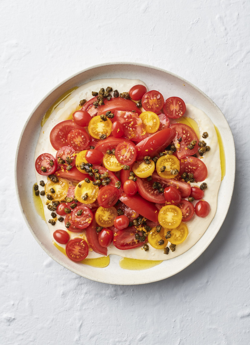 Mixed Tomato Salad with Tahini Yoghurt and Crisp Capers