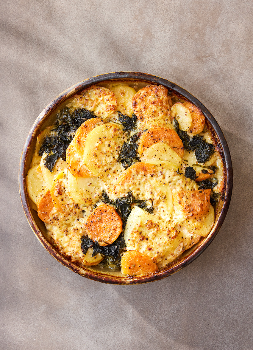 Potato, Kūmara and Spinach Gratin 