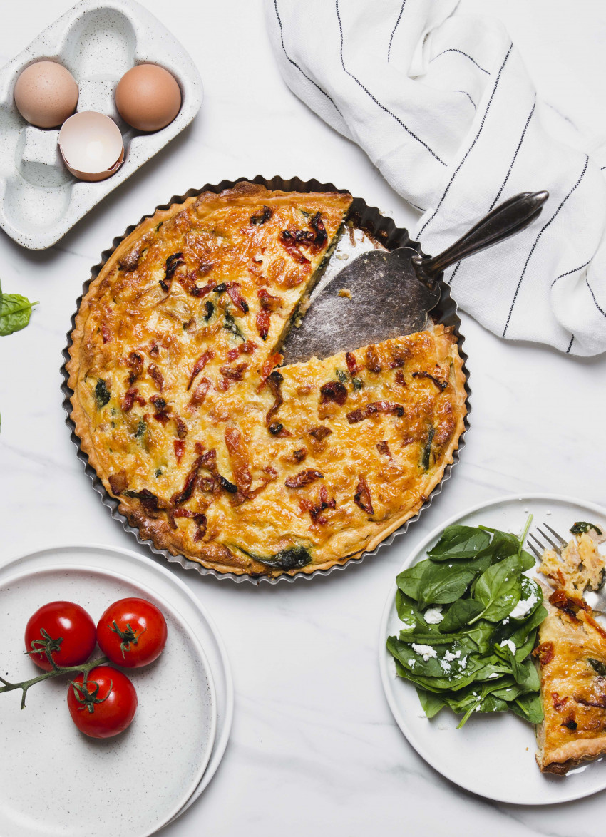Caramelised Onion, Spinach and Bacon Quiche