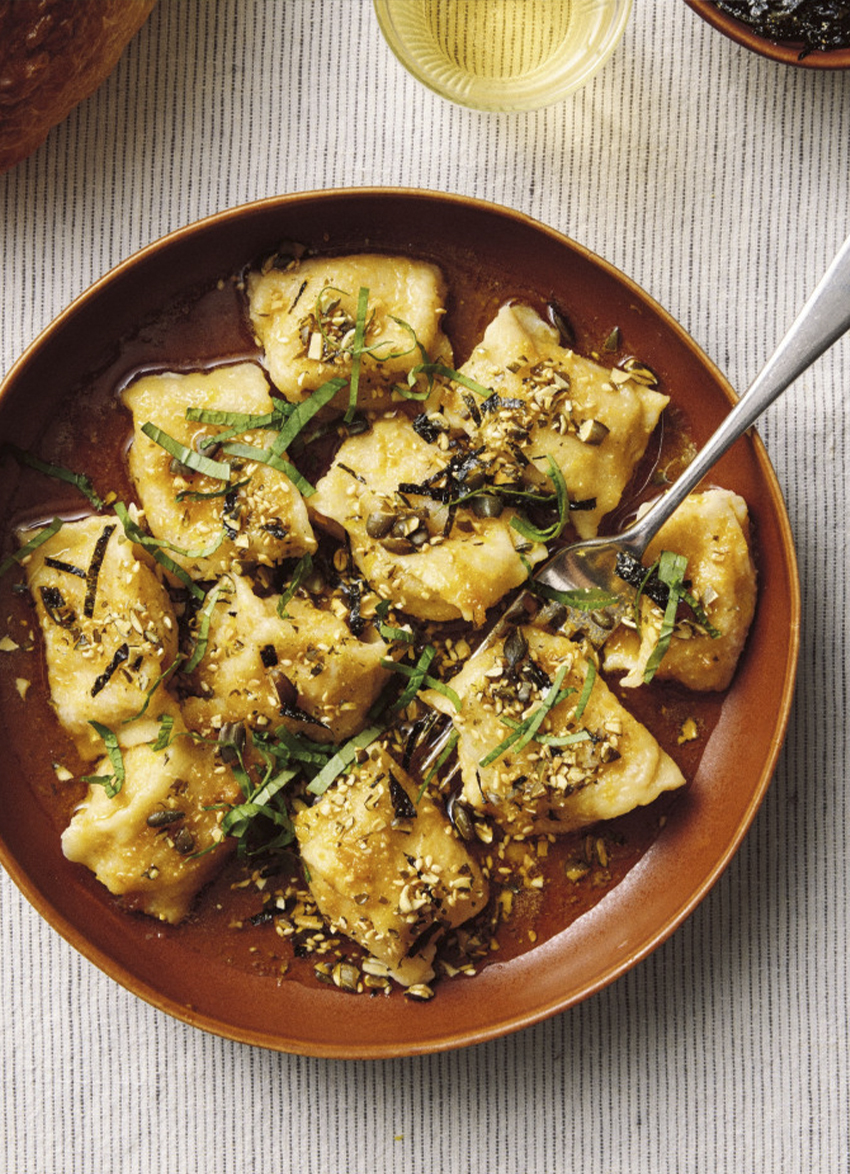 Pumpkin Agnolotti with Miso Burnt Butter, Pumpkin Seed Furikake and Shiso
