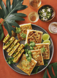 Cheat’s Turmeric Chicken and Coriander Martabak Telur with Pickled Vegetable Dipping Sauce