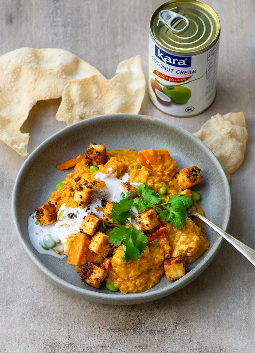 Coconut, Red Lentil and Vegetable Curry with Sizzled Tofu  