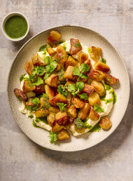 Roasted Red Kūmara Yummo’s with Whipped Ricotta and Lime and Coriander Dressing