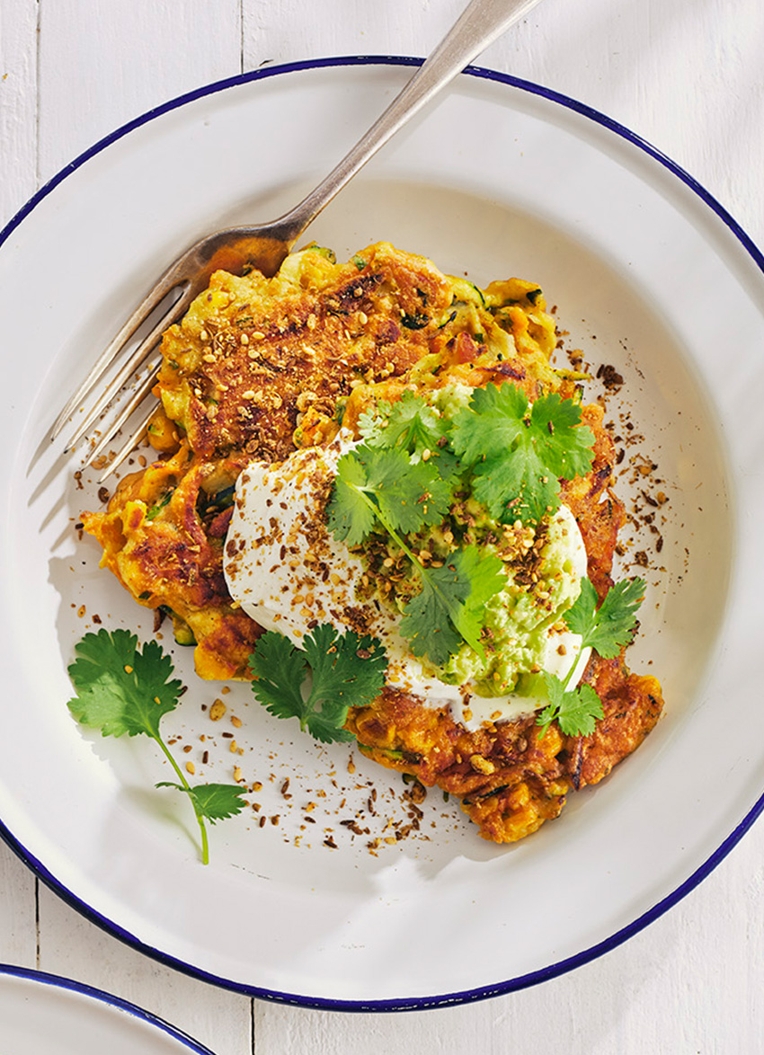 Carrot, Zucchini and Corn Fritters with Avocado, Yoghurt and Dukkah