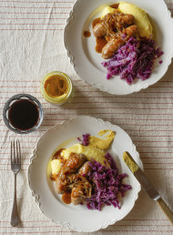 Pork Sausages with Horseradish Mashed Potatoes, Slow-cooked Red Cabbage and Onion Gravy