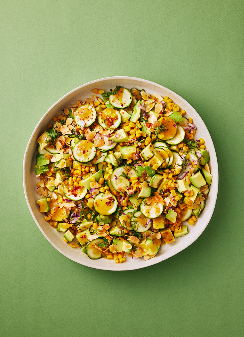 Zucchini, Charred Sweetcorn and Avocado Salad with Mint and Chilli Dressing