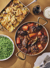 Slow Cooker Braised Red Wine and Mustard Beef with Horseradish Sauce and Potato and Cabbage Gratin