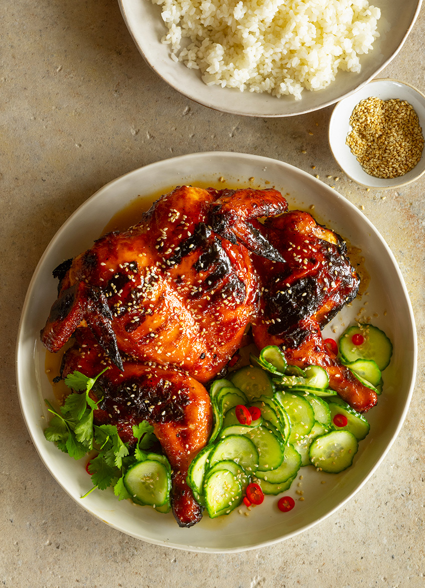 Char Siu Barbecued Chicken with Pickled Cucumber Salad 