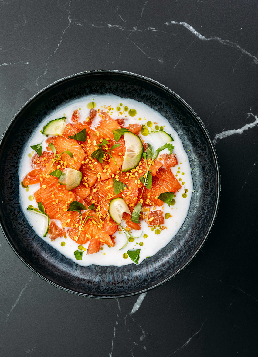 Salmon Crudo Nuoc Cham, with Crispy Garlic and Fresh Herbs