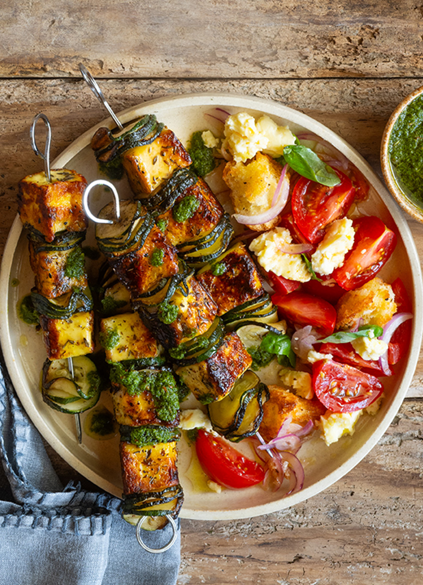 Haloumi and Zucchini Skewers with Tomato Panzanella Salad