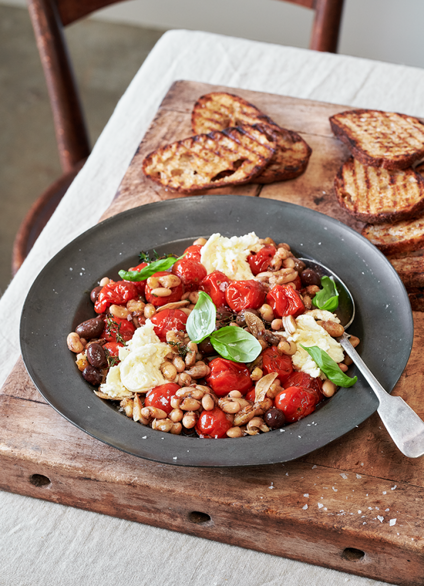 Roasted Tomatoes with White Beans, Olives and Mozzarella