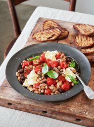 Roasted Tomatoes with White Beans, Olives and Mozzarella