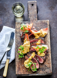 Surf ‘n’ Turf: Crayfish and Flat Iron Steak with Bisque Béarnaise