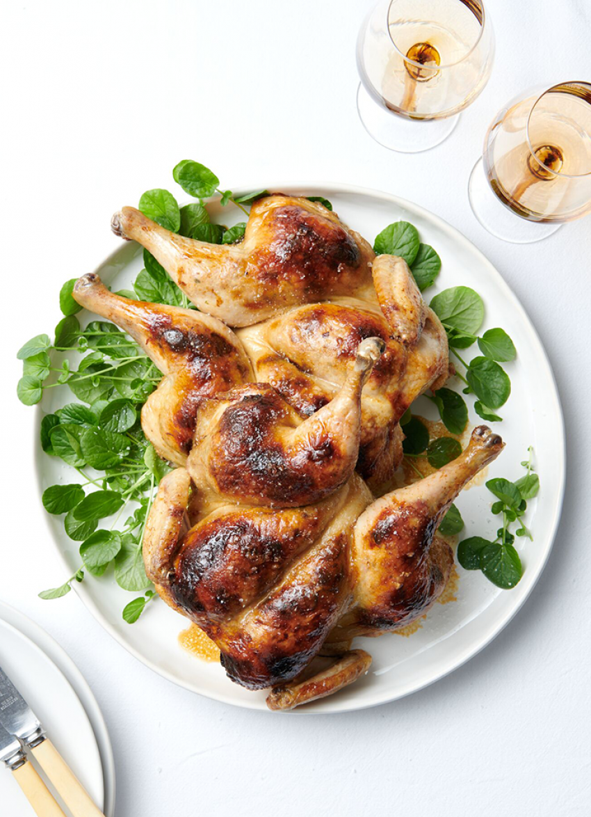 Roast Chickens with Fennel Sausage and Prune Stuffing