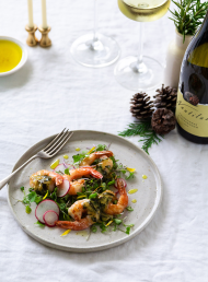 Prawn with Tarragon and Lemon Butter Sauce and Herb Salad