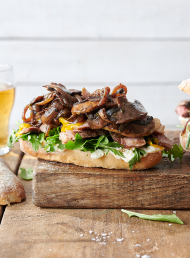 Grilled Steak Sandwich with Caramelised Onions and Mushrooms