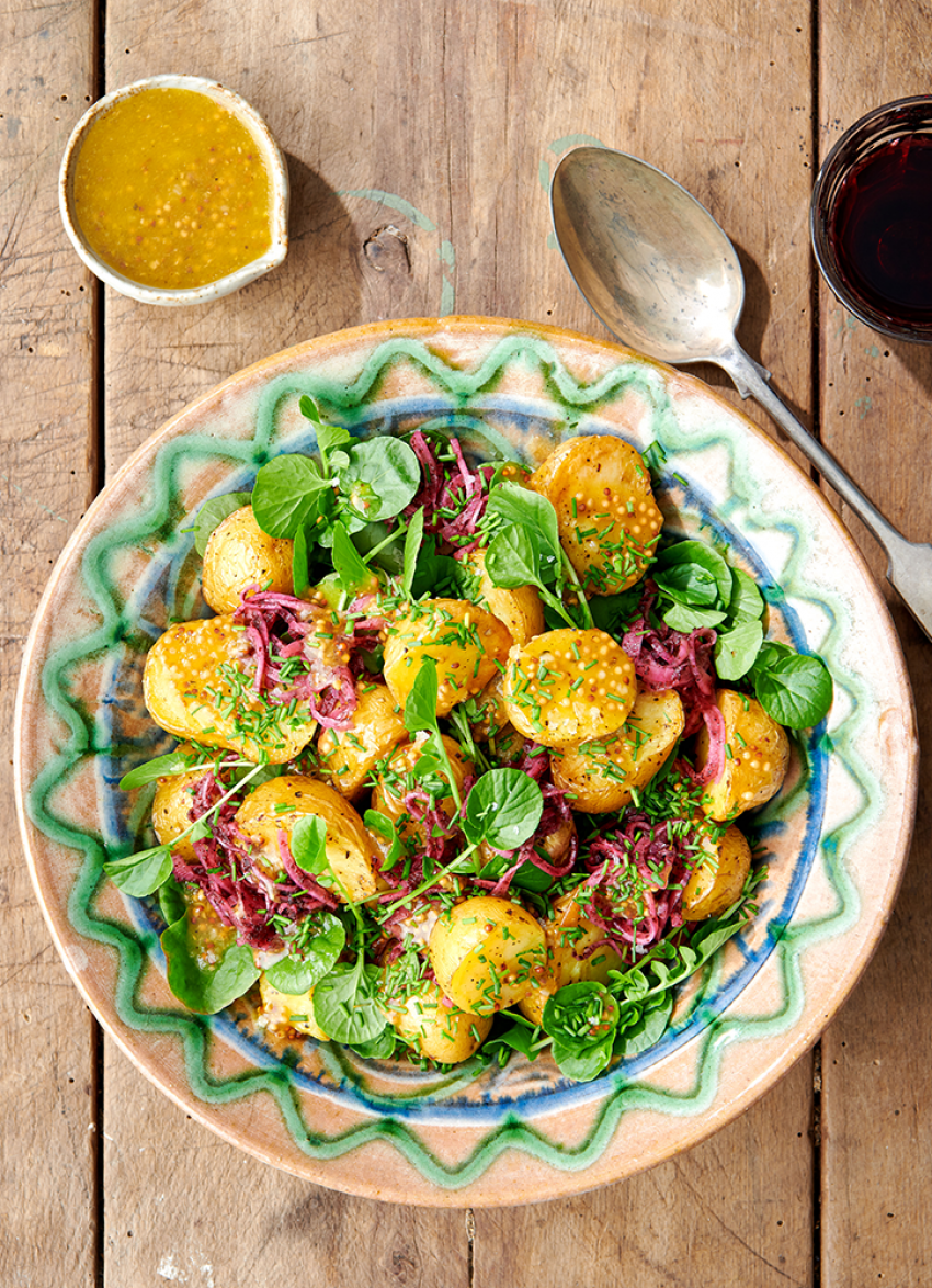 Roasted Potato Salad with Sumac Onions and Mustard Dressing