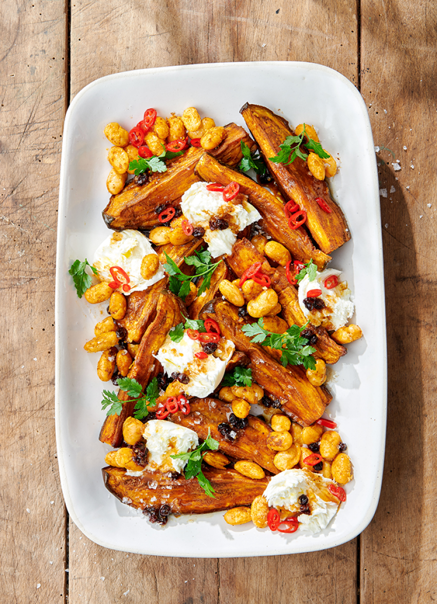 Spice-roasted Butter Beans, Mozzarella and Eggplant Salad