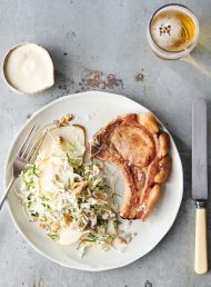 Pork Chops with Cabbage, Pear, Walnut and Parmesan Slaw