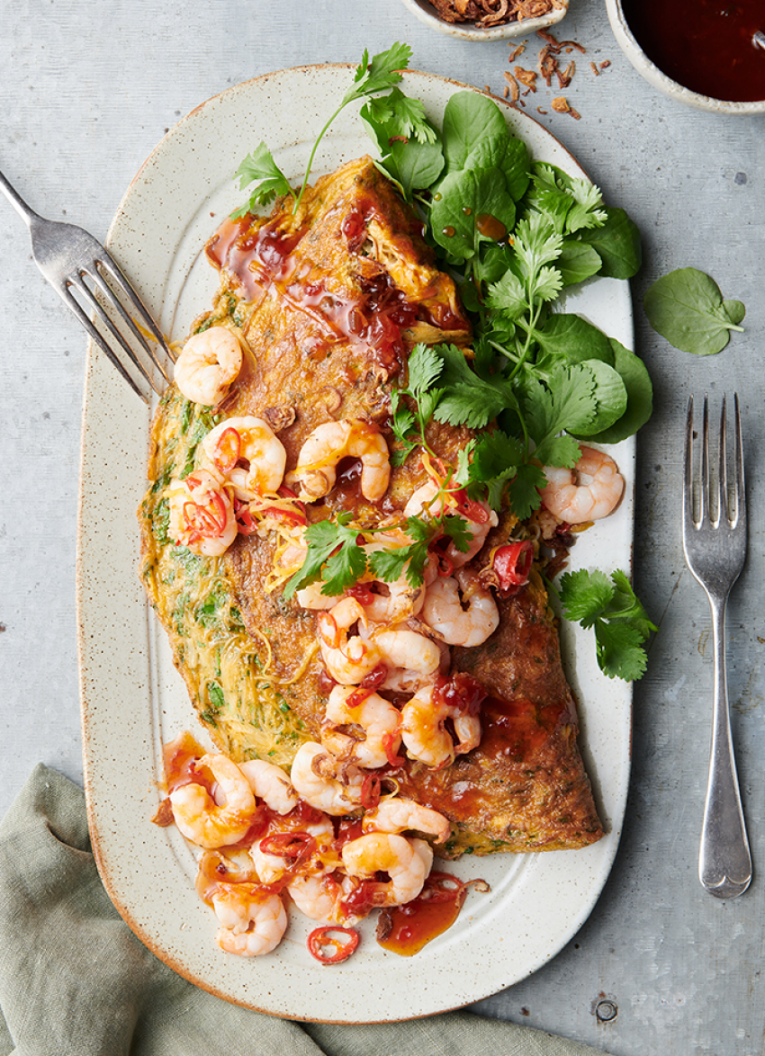 Rice Noodle and Coriander Omelette with Chili Prawns