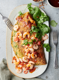 Rice Noodle and Coriander Omelette with Chili Prawns