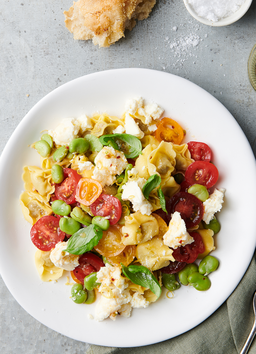 Tortellini with Fresh Tomatoes, Broad Beans and Ricotta