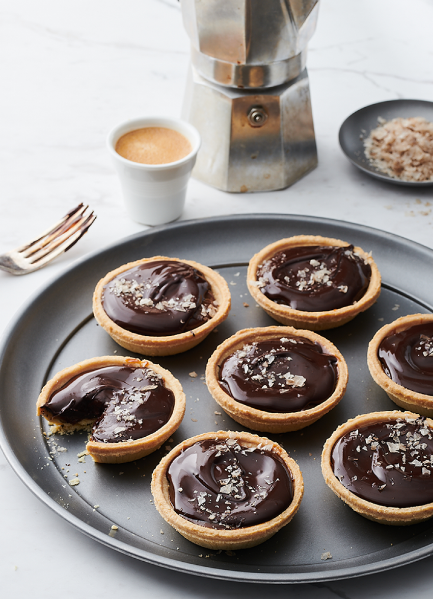 Chocolate and Caramel Tarts with Smoked Salt