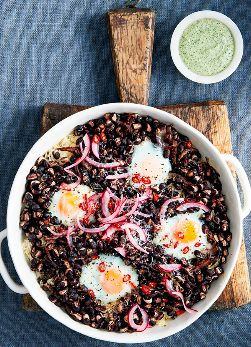 Spicy Black Bean Baked Eggs and Rice with Coriander Salsa
