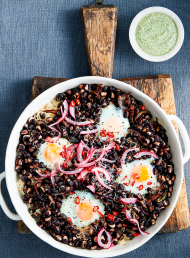 Spicy Black Bean Baked Eggs and Rice with Coriander Salsa