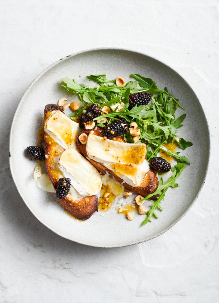 Baked Goat’s Cheese Toasts, Blackberries and Hazelnuts 