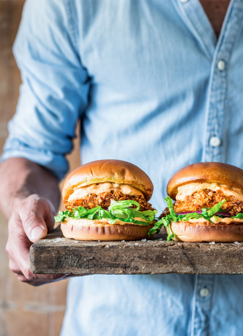 Spicy Cornflake Crumbed Chicken Burgers