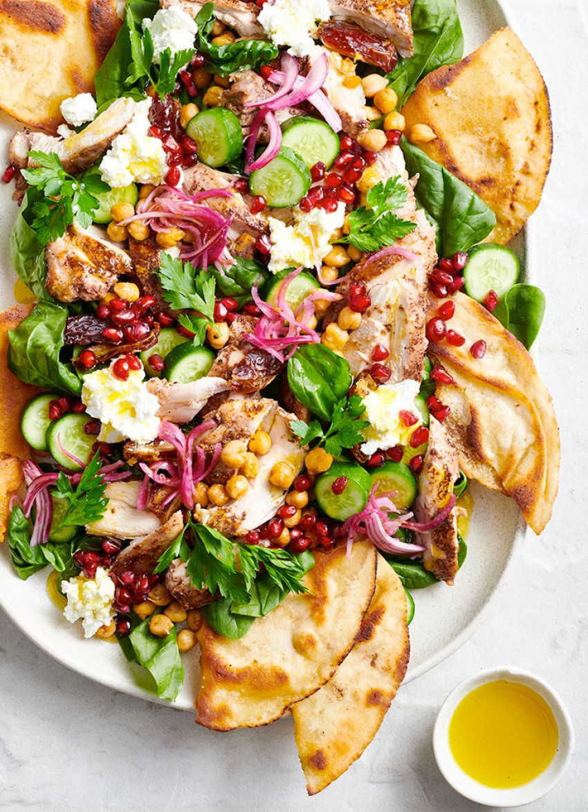 Lemony Sumac Chicken and Chickpea Salad with Dates, Feta and Baby Spinach