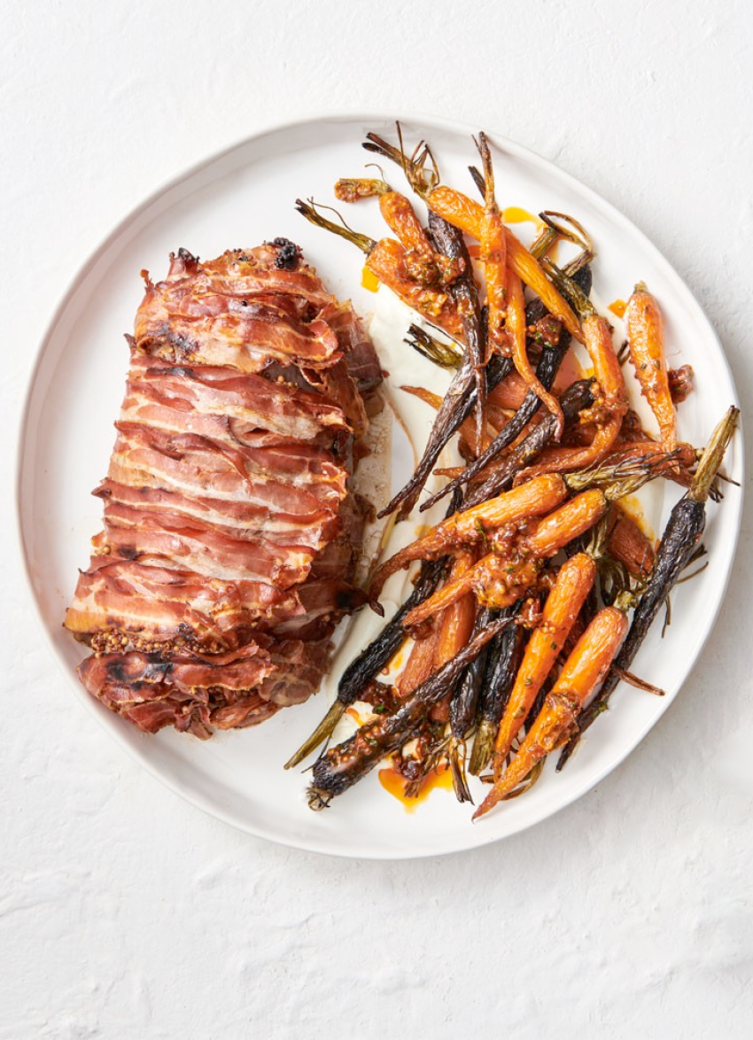 Pancetta-Wrapped Fillet of Beef and Roasted Carrots with Smoky Date, Honey and Mustard Butter