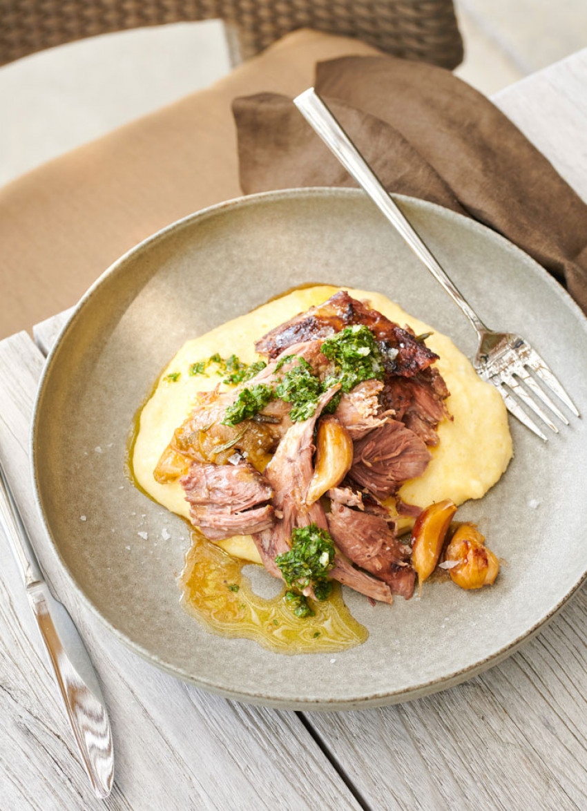 Slow-braised Shoulder of Lamb with Oregano and Lemon Salsa