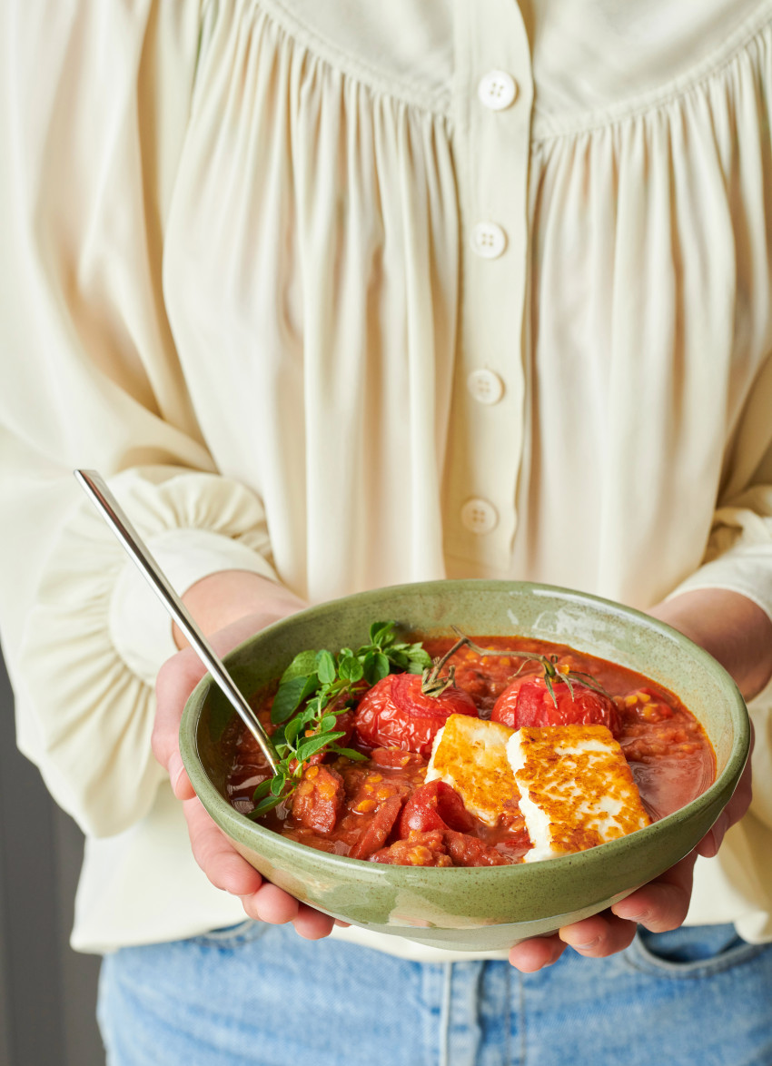 Chorizo, Red Lentil and Tomato Soup with Sizzled Haloumi