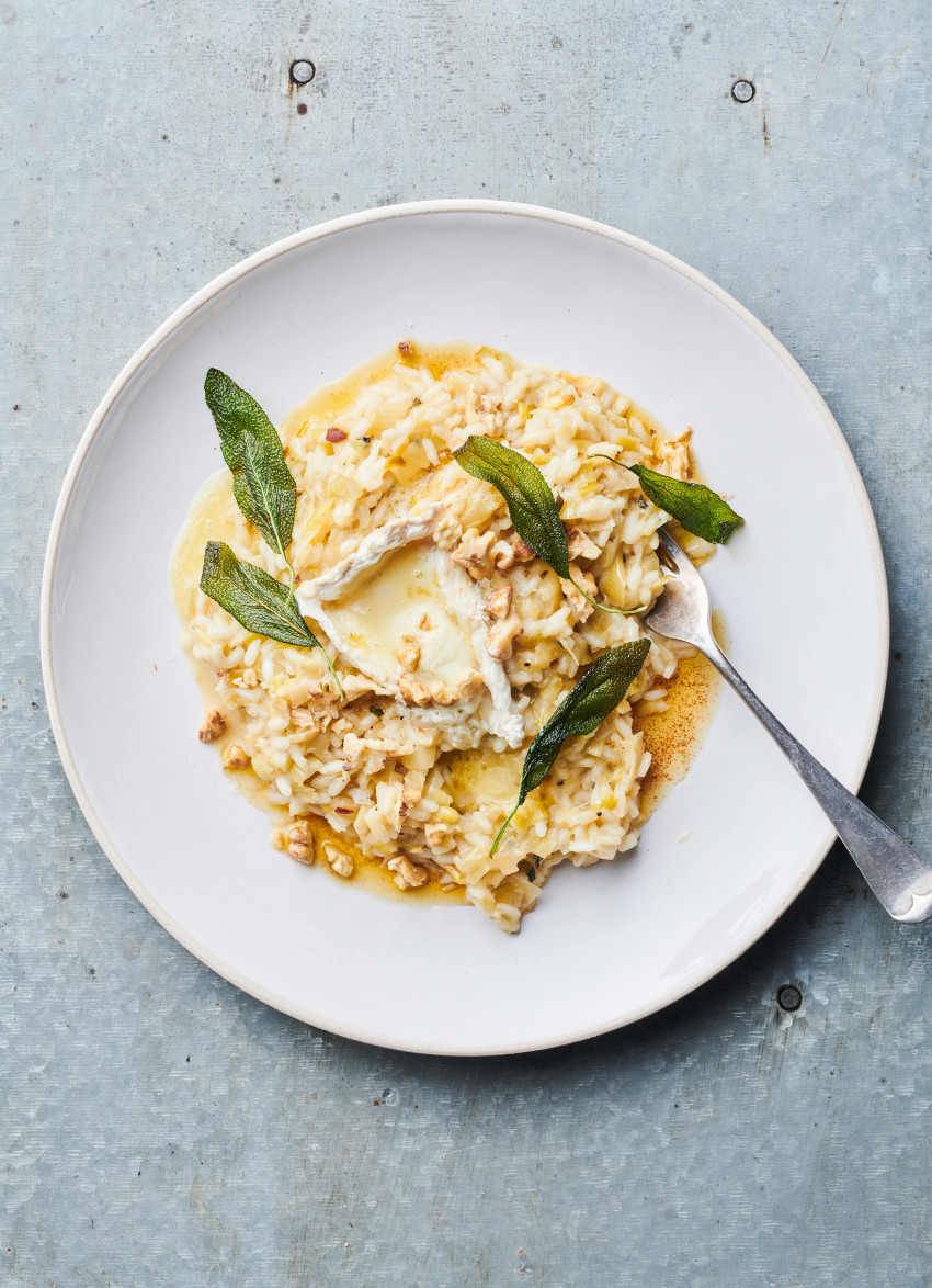 Leek Risotto with Toasted Walnuts, Sage Brown Butter and Creamy Brie
